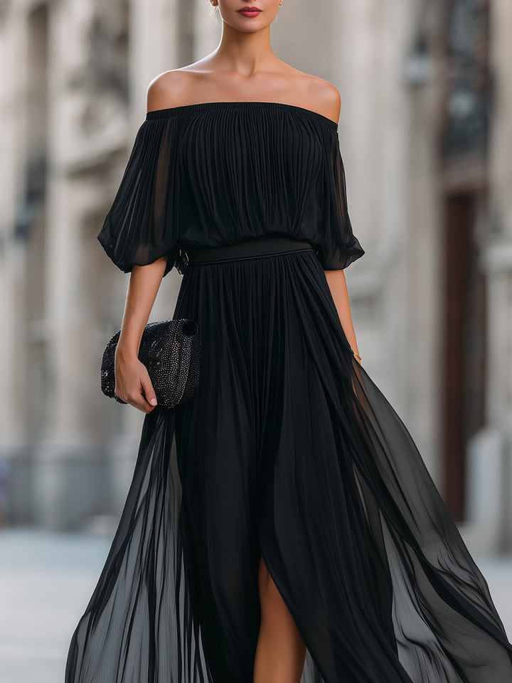 Off-Shoulder Pleated Formal Womens Maxi Dress, Wedding