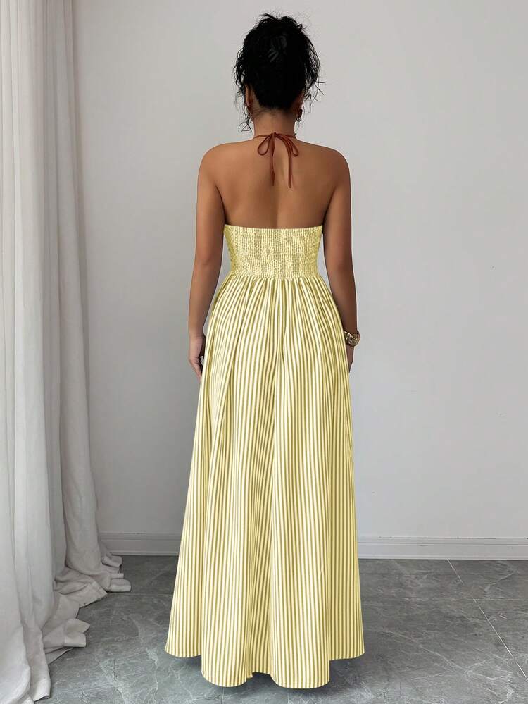 Striped Halter Backless Womens Maxi Dress, Sleeveless