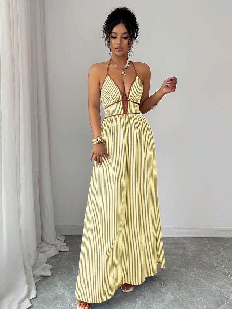 Striped Halter Backless Womens Maxi Dress, Sleeveless