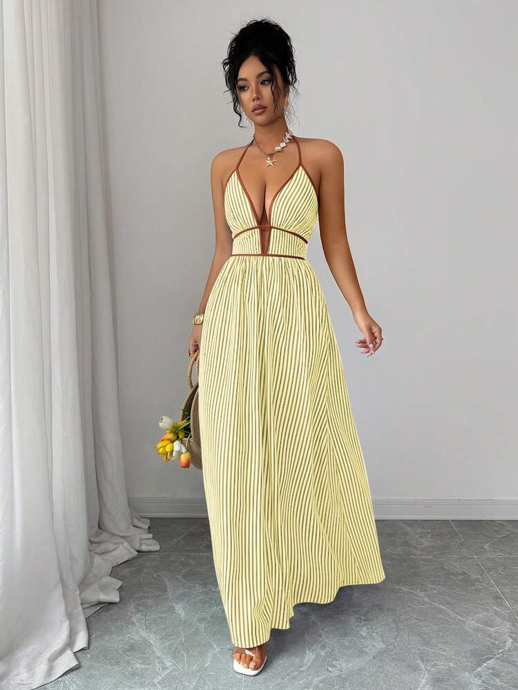 Striped Halter Backless Womens Maxi Dress, Sleeveless