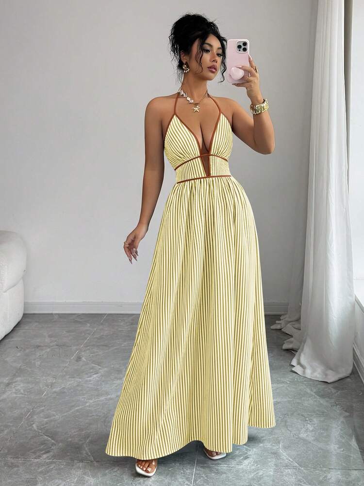 Striped Halter Backless Womens Maxi Dress, Sleeveless