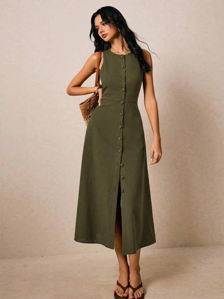 Sleeveless Button-Front Womens Dress, Linen-Blend Weave