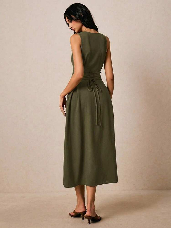 Sleeveless Button-Front Womens Dress, Linen-Blend Weave
