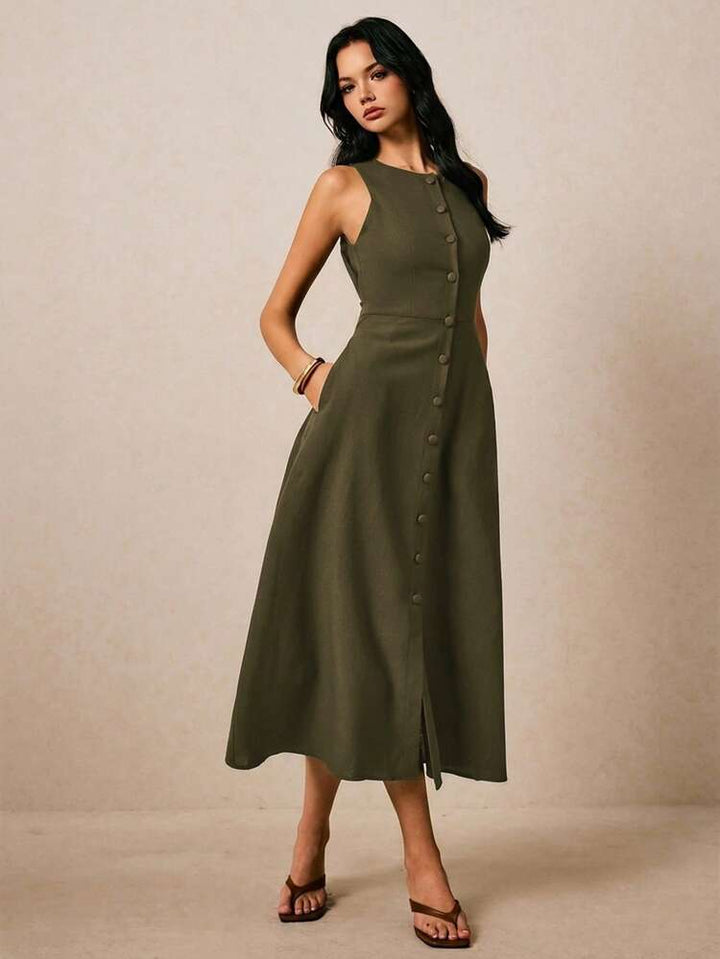 Sleeveless Button-Front Womens Dress, Linen-Blend Weave