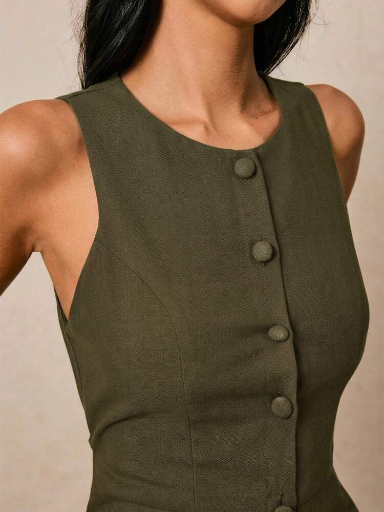 Sleeveless Button-Front Womens Dress, Linen-Blend Weave
