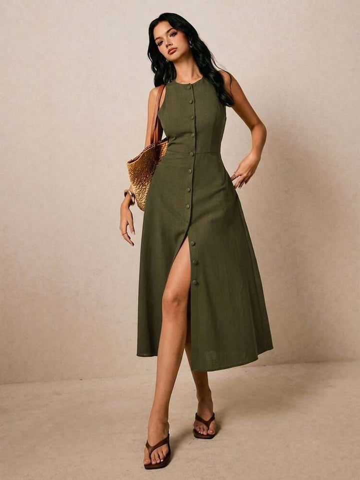 Sleeveless Button-Front Womens Dress, Linen-Blend Weave