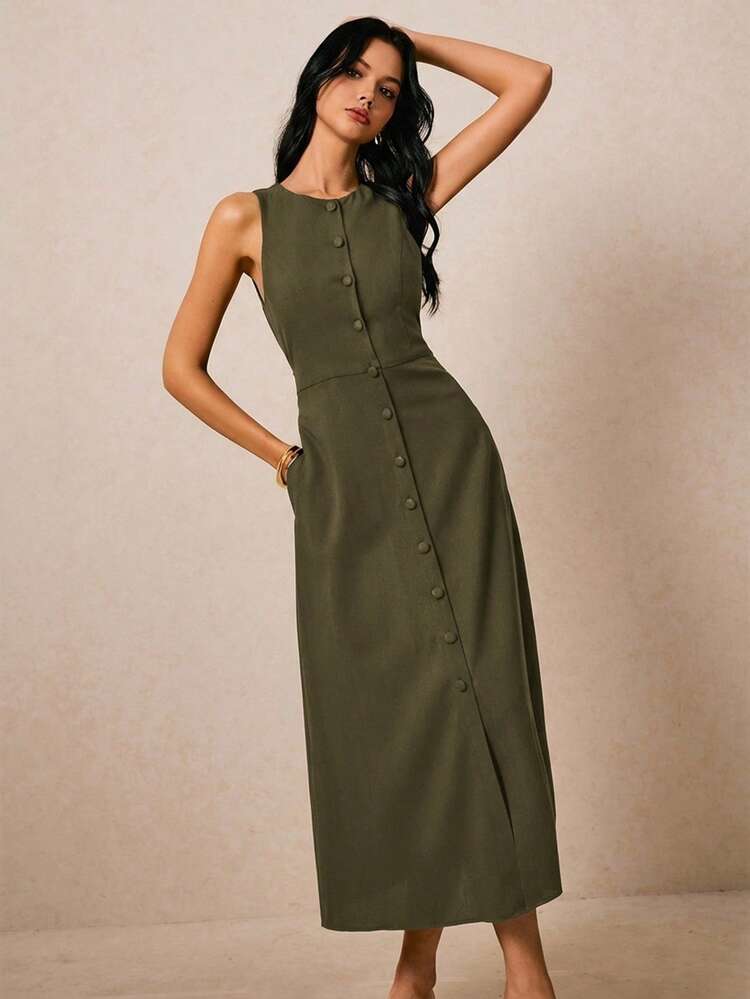 Sleeveless Button-Front Womens Dress, Linen-Blend Weave