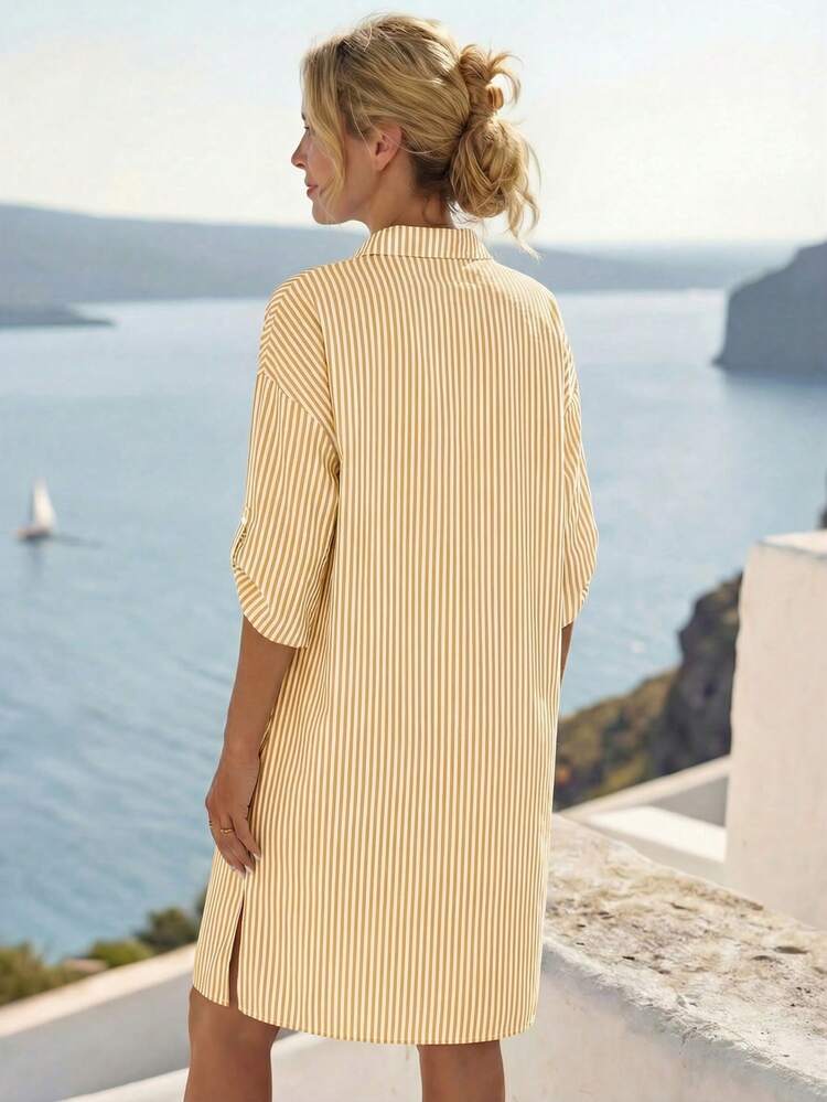 Striped Roll-Tab Sleeve Button-Up Womens Shirt Dress