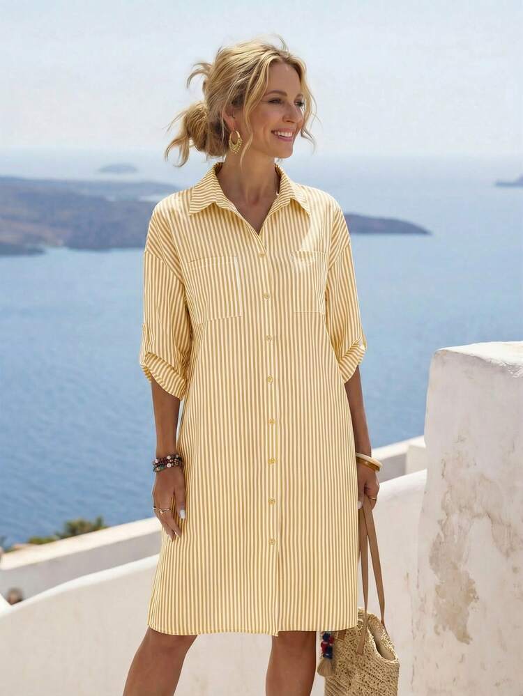 Striped Roll-Tab Sleeve Button-Up Womens Shirt Dress