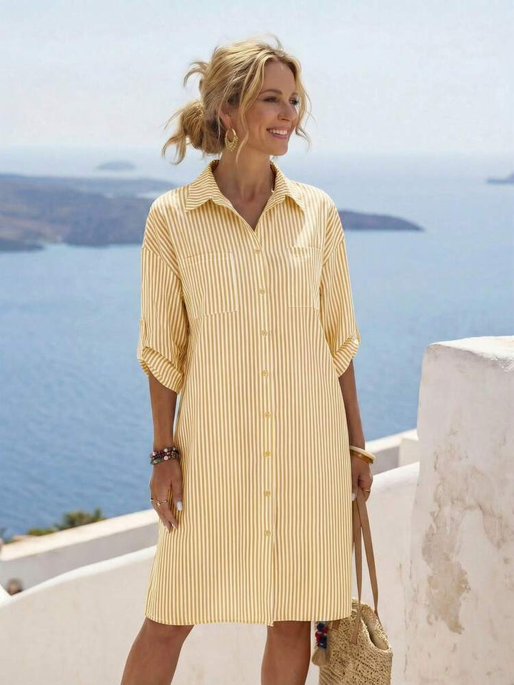Striped Roll-Tab Sleeve Button-Up Womens Shirt Dress
