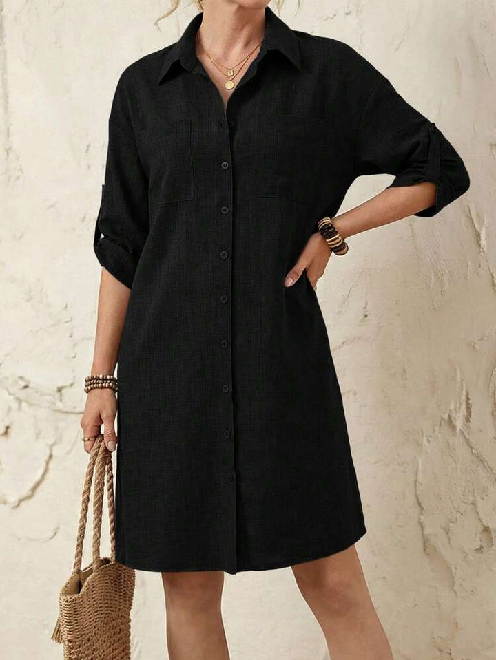 Striped Roll-Tab Sleeve Button-Up Womens Shirt Dress