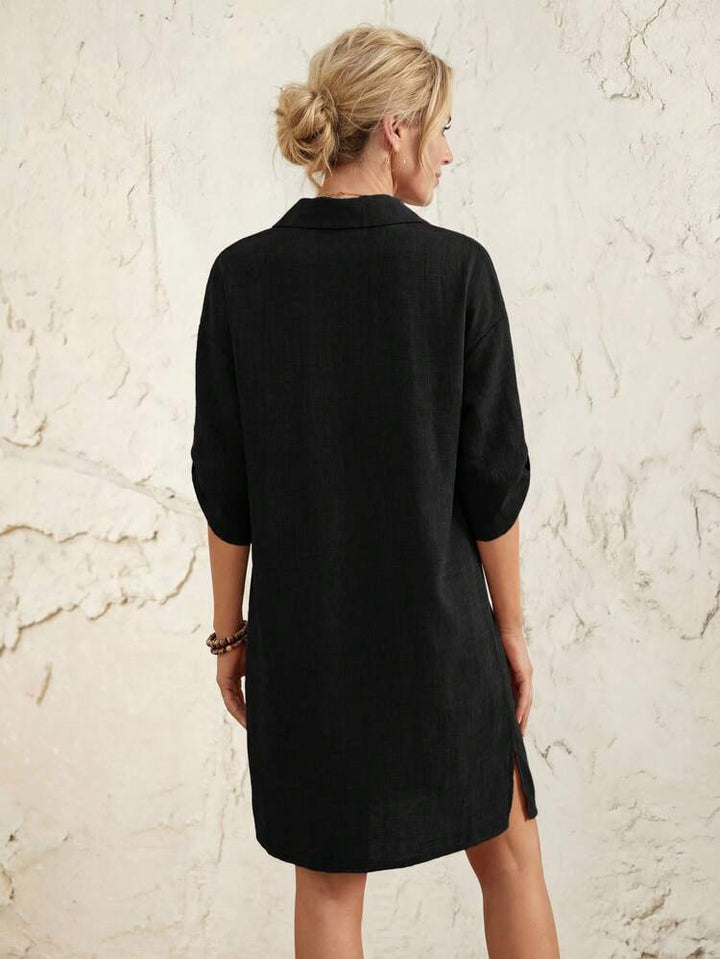 Striped Roll-Tab Sleeve Button-Up Womens Shirt Dress