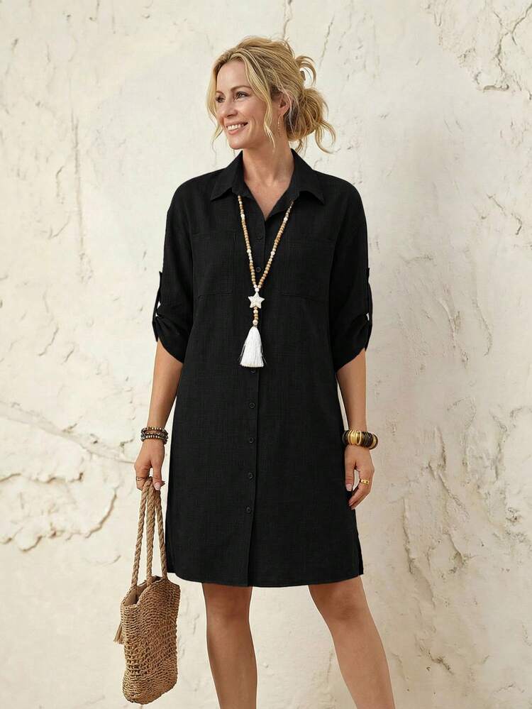 Striped Roll-Tab Sleeve Button-Up Womens Shirt Dress