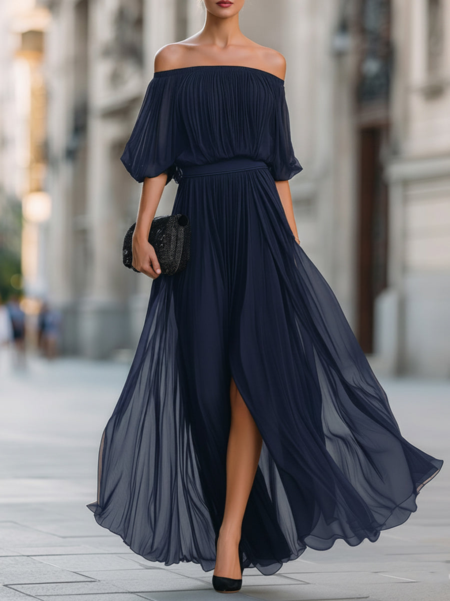 Off-Shoulder Pleated Formal Womens Maxi Dress, Wedding