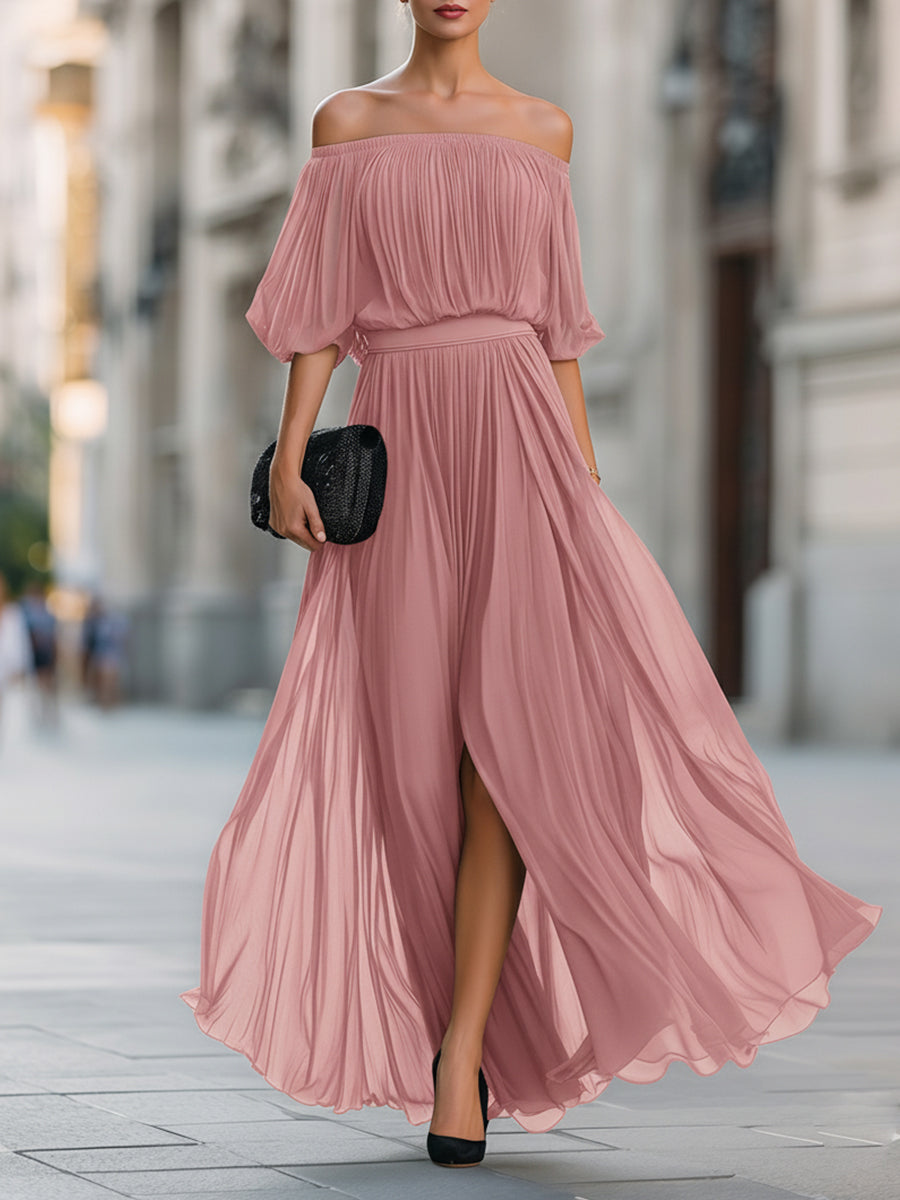 Off-Shoulder Pleated Formal Womens Maxi Dress, Wedding