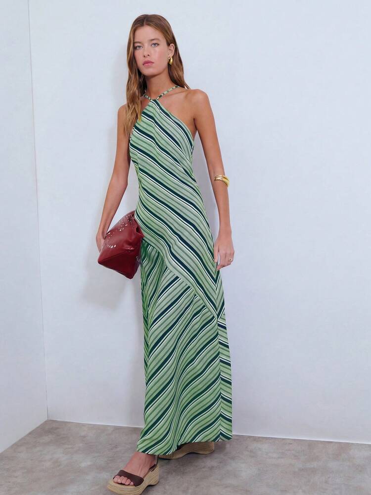 Striped Halter Womens Midi Dress, Lightweight Summer