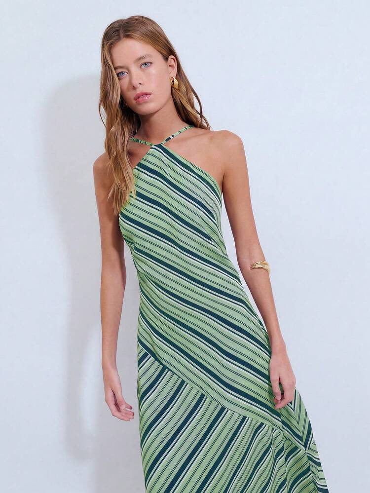 Striped Halter Womens Midi Dress, Lightweight Summer