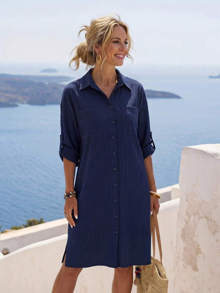 Striped Roll-Tab Sleeve Button-Up Womens Shirt Dress