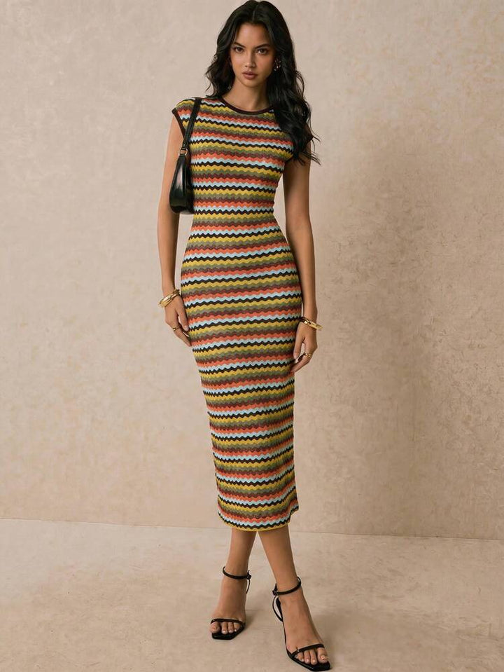 Striped Cap-Sleeve Round-Neck Womens Knit Dress, Casual