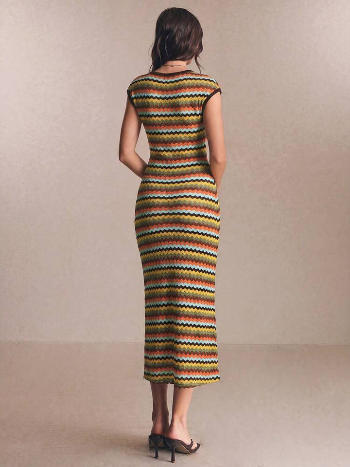 Striped Cap-Sleeve Round-Neck Womens Knit Dress, Casual