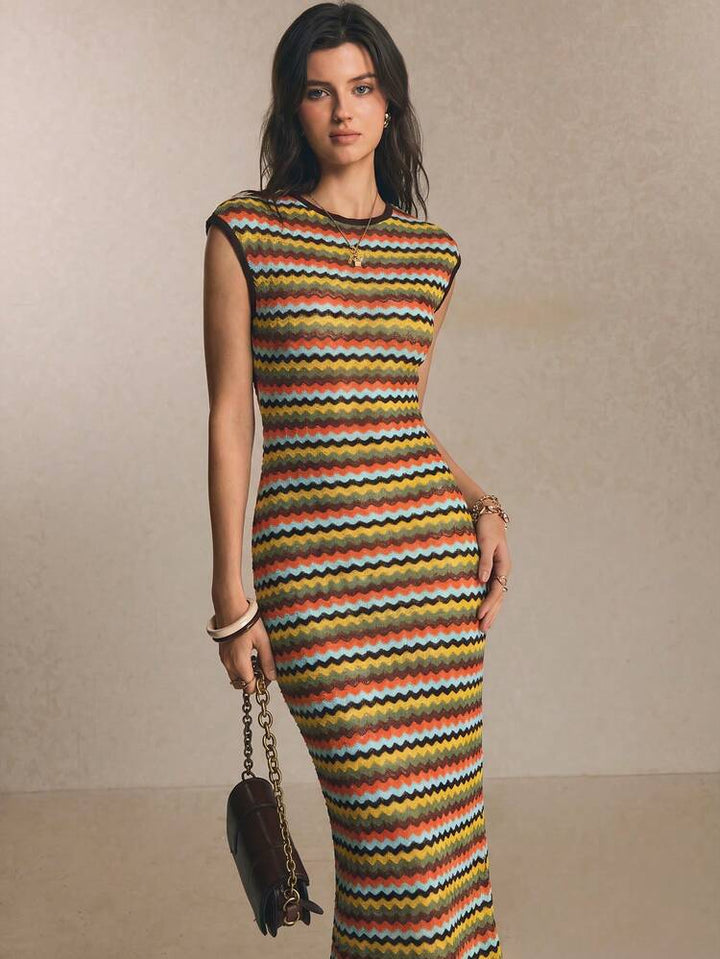 Striped Cap-Sleeve Round-Neck Womens Knit Dress, Casual