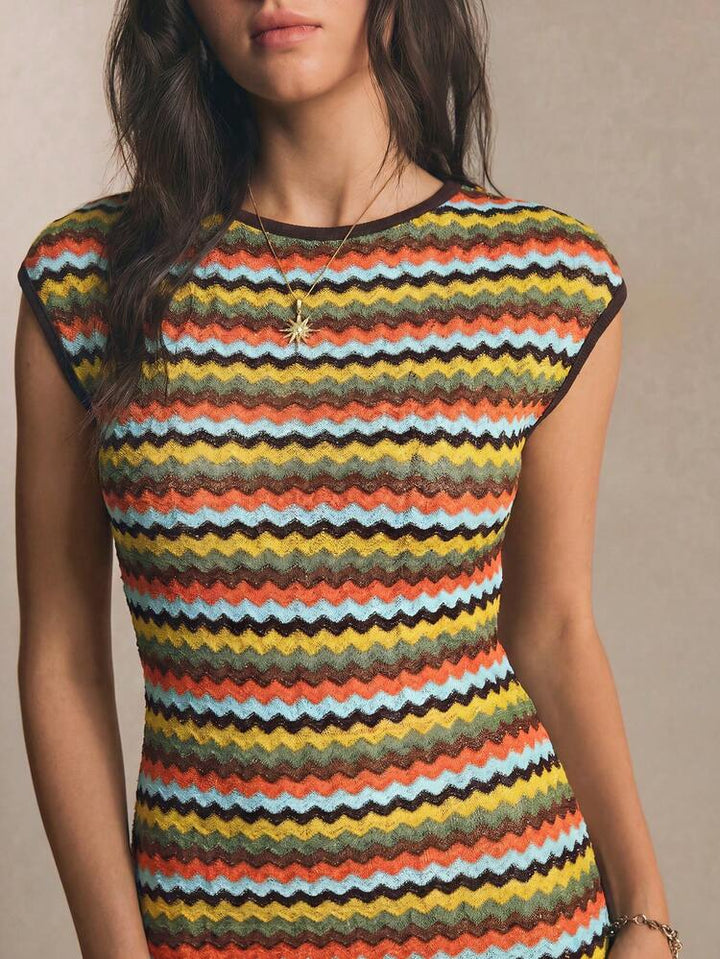 Striped Cap-Sleeve Round-Neck Womens Knit Dress, Casual