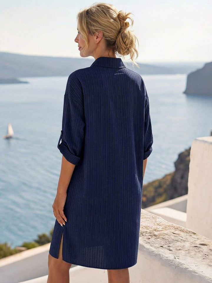 Striped Roll-Tab Sleeve Button-Up Womens Shirt Dress