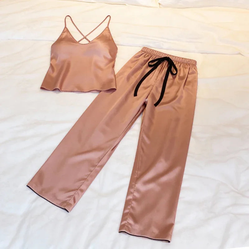 Round-Neck Satin Womens Pajama Set, Soft Loungewear