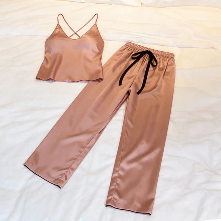 Round-Neck Satin Womens Pajama Set, Soft Loungewear