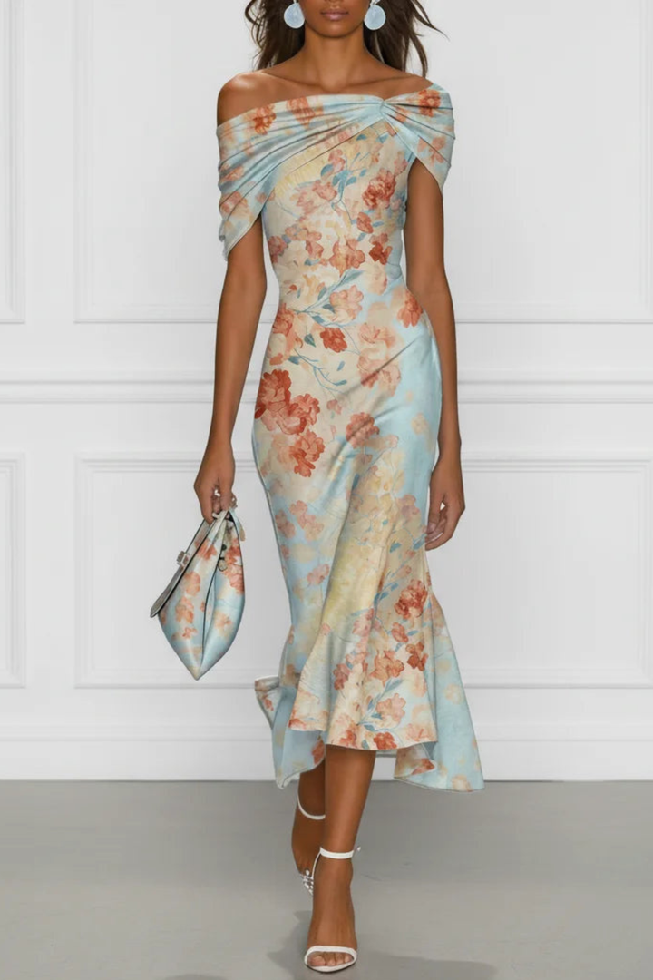 One-Shoulder Floral Womens Mermaid Midi Dress, Fitted
