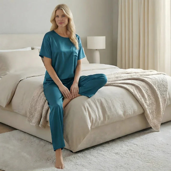 Short-Sleeve Tee &amp; Pants Satin Womens Pajama Set, Loose