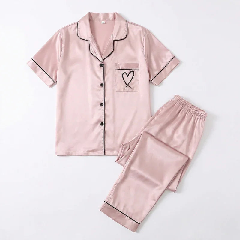 Printed Long-Sleeve Satin Womens Pajama Set, Relaxed
