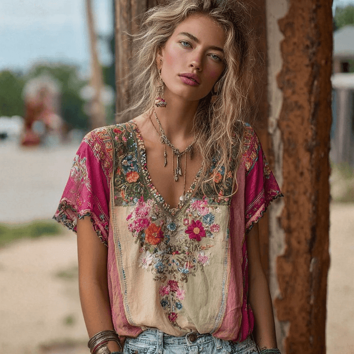 Floral V-Neck Cotton Womens Tee, Relaxed Boho Fit