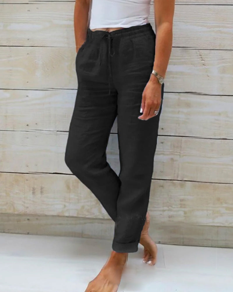 Elastic-Waist Tapered Cotton Womens Pants, Stretch Fit