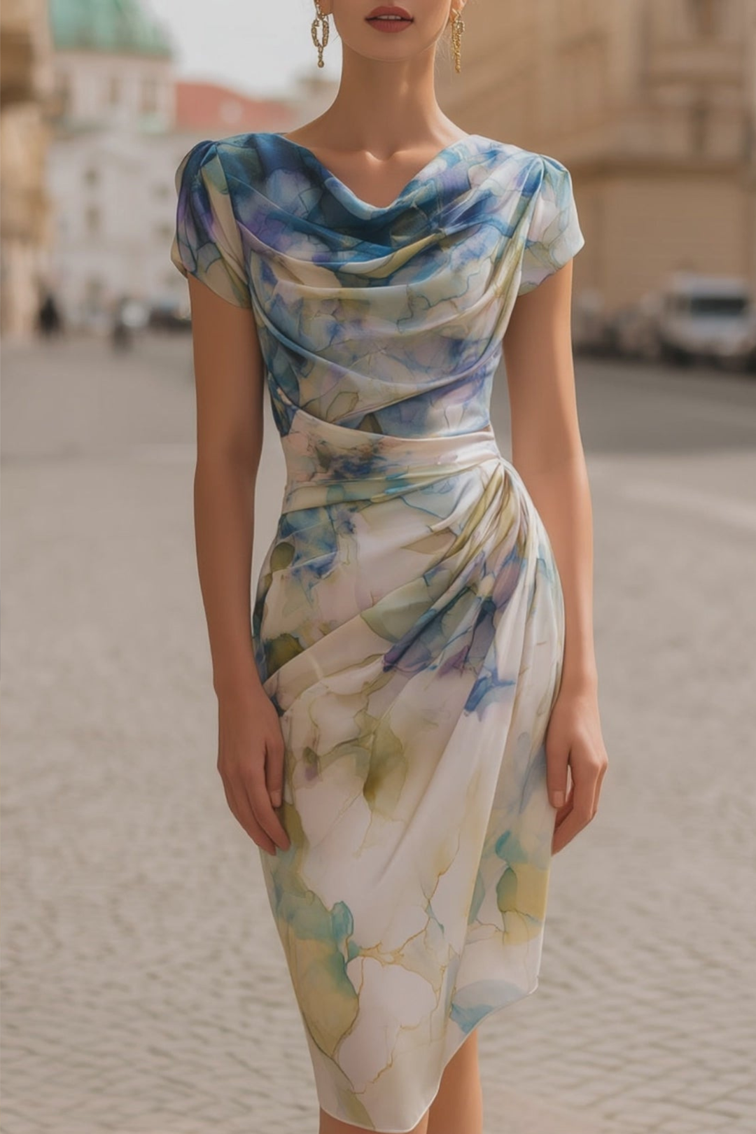 Cowl-Neck Printed Draped Womens Midi Dress, Flowy Fit