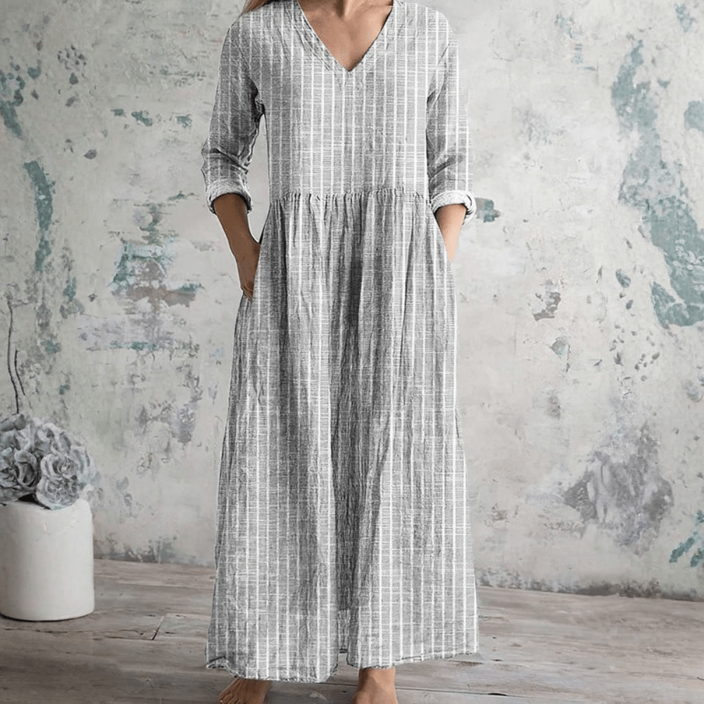 Striped V-Neck Womens Midi Dress, Breathable Casual