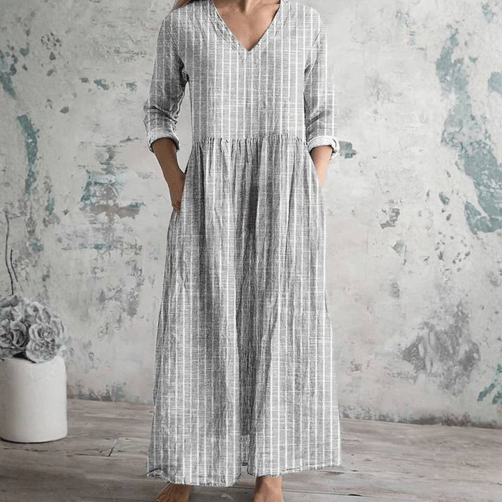 Striped V-Neck Womens Midi Dress, Breathable Casual