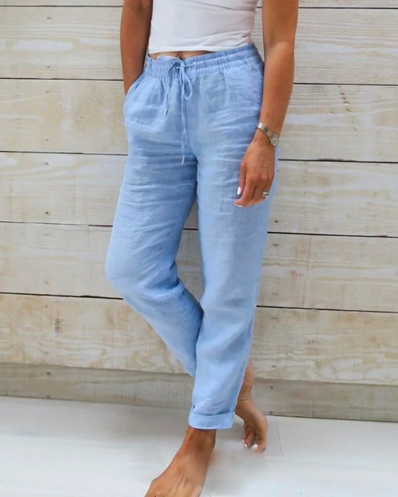 Elastic-Waist Tapered Cotton Womens Pants, Stretch Fit