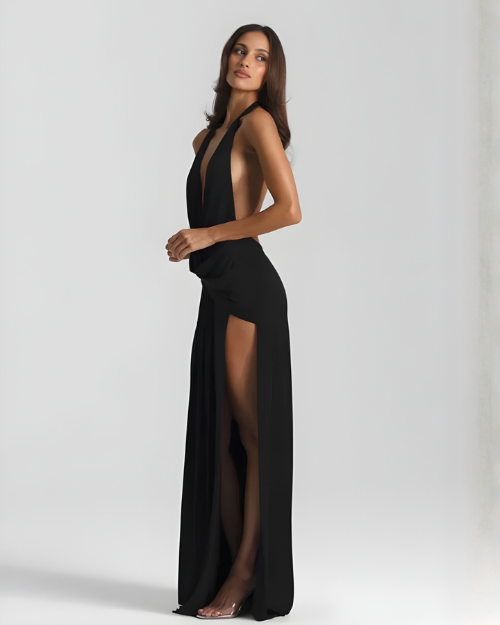 Plunge Halter Backless Womens Maxi Dress, Side Slit