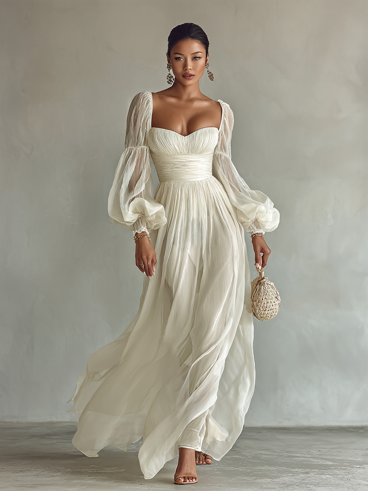 Square-Neck Long-Sleeve Chiffon Womens Maxi Dress
