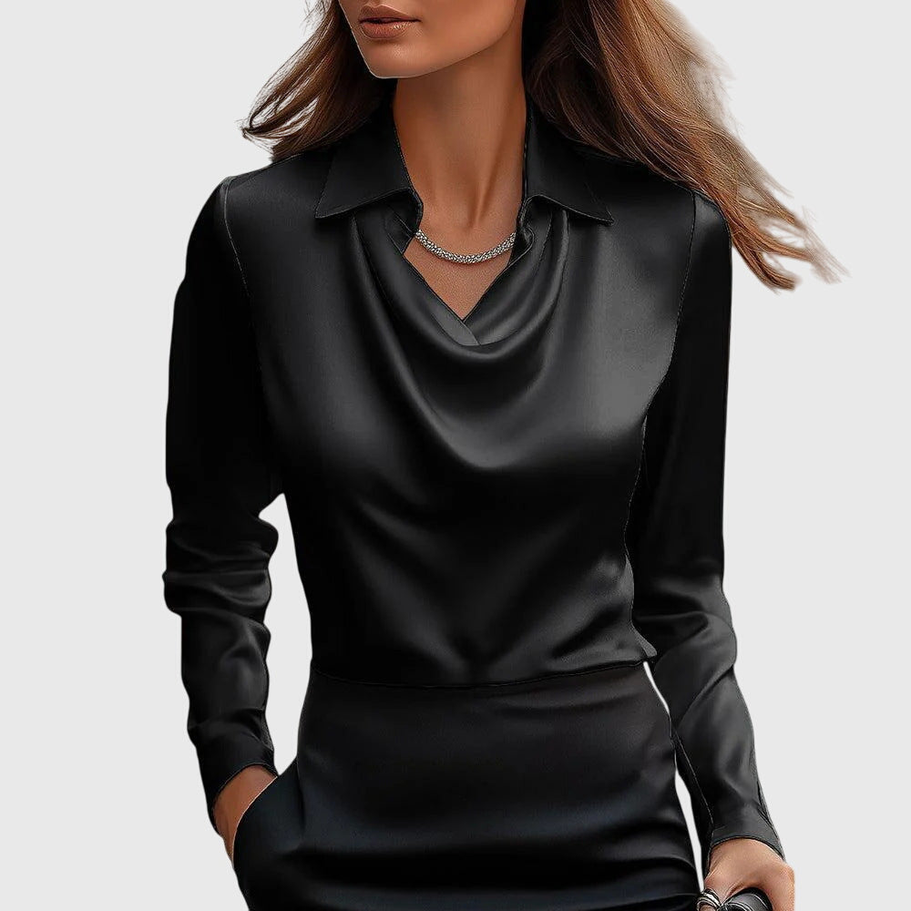 Pleated V-Neck Satin Womens Blouse, Draped Relaxed Fit