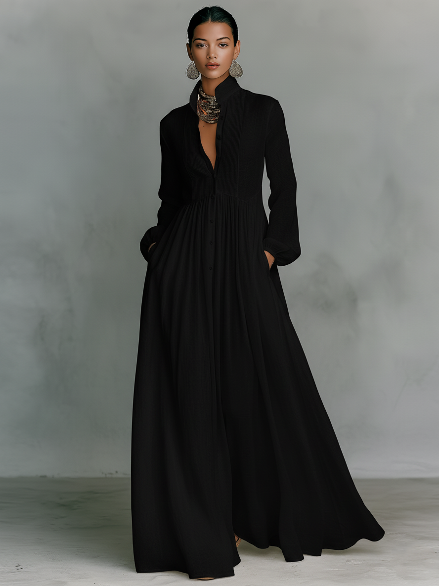 Stand-Collar Cotton-Linen Womens Maxi Dress, Long Sleeve