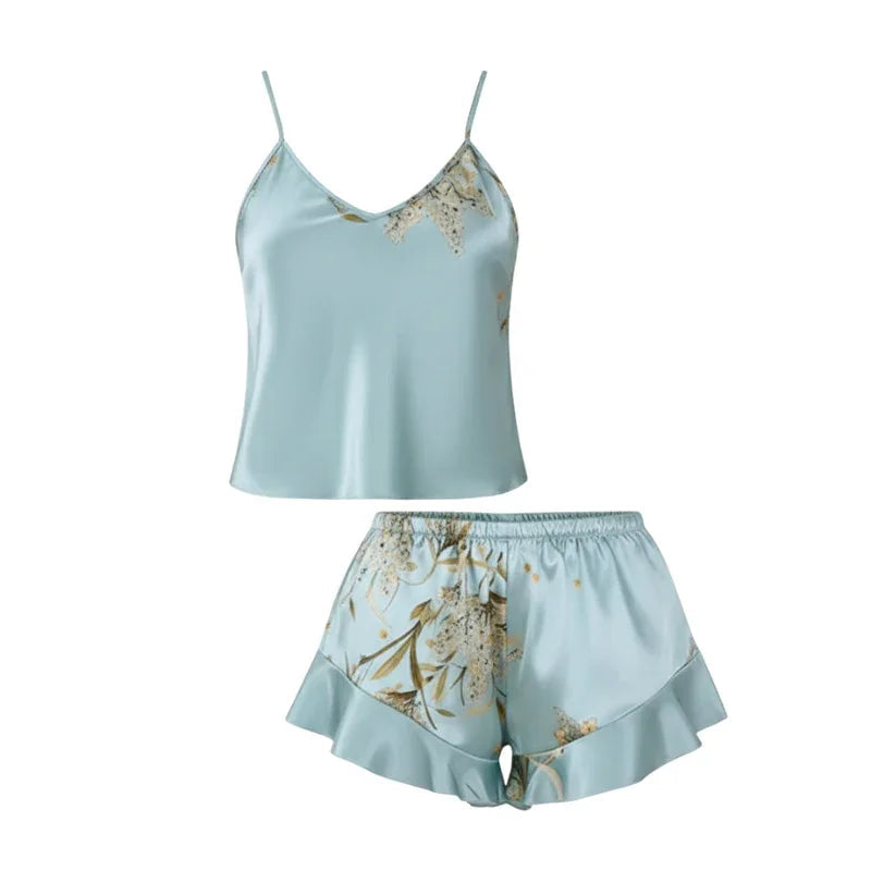 Spaghetti-Strap V-Neck Satin Womens Babydoll, Flare Hem