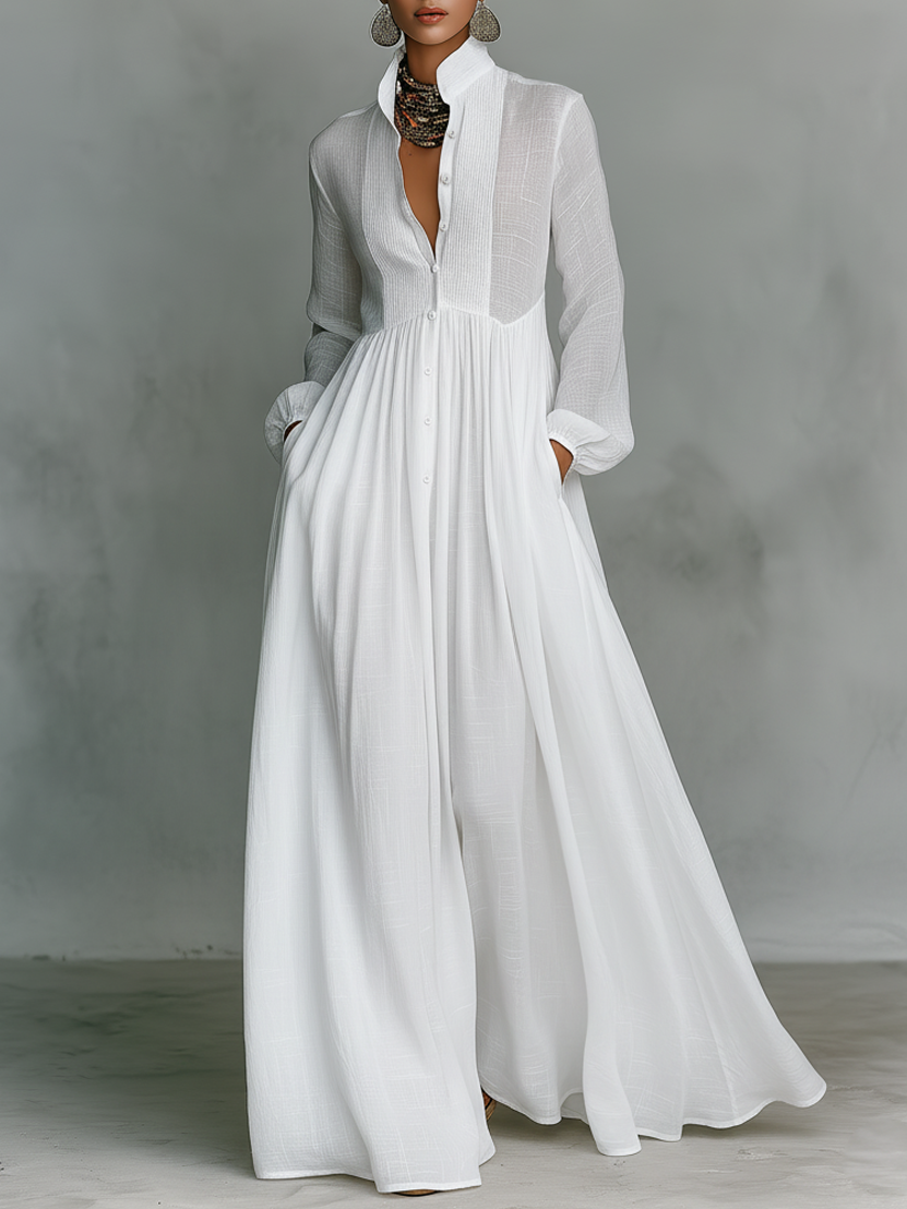 Stand-Collar Cotton-Linen Womens Maxi Dress, Long Sleeve