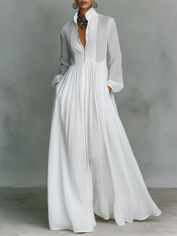 Stand-Collar Cotton-Linen Womens Maxi Dress, Long Sleeve