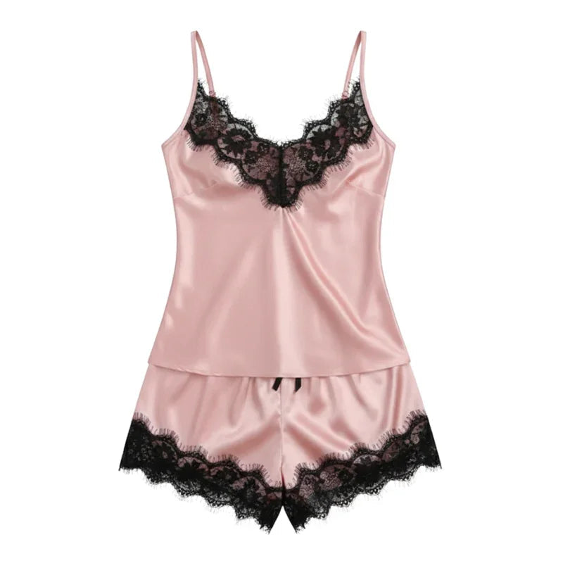 Wrap V-Neck Cami &amp; Shorts Womens Pajama Set in Satin