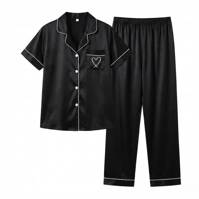 Printed Long-Sleeve Satin Womens Pajama Set, Relaxed