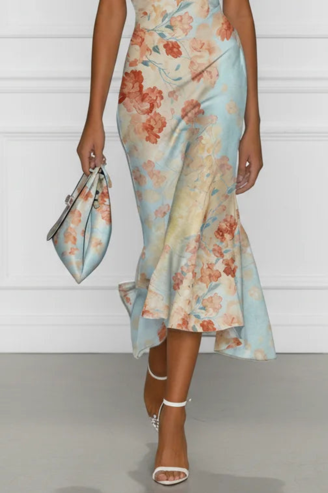 One-Shoulder Floral Womens Mermaid Midi Dress, Fitted