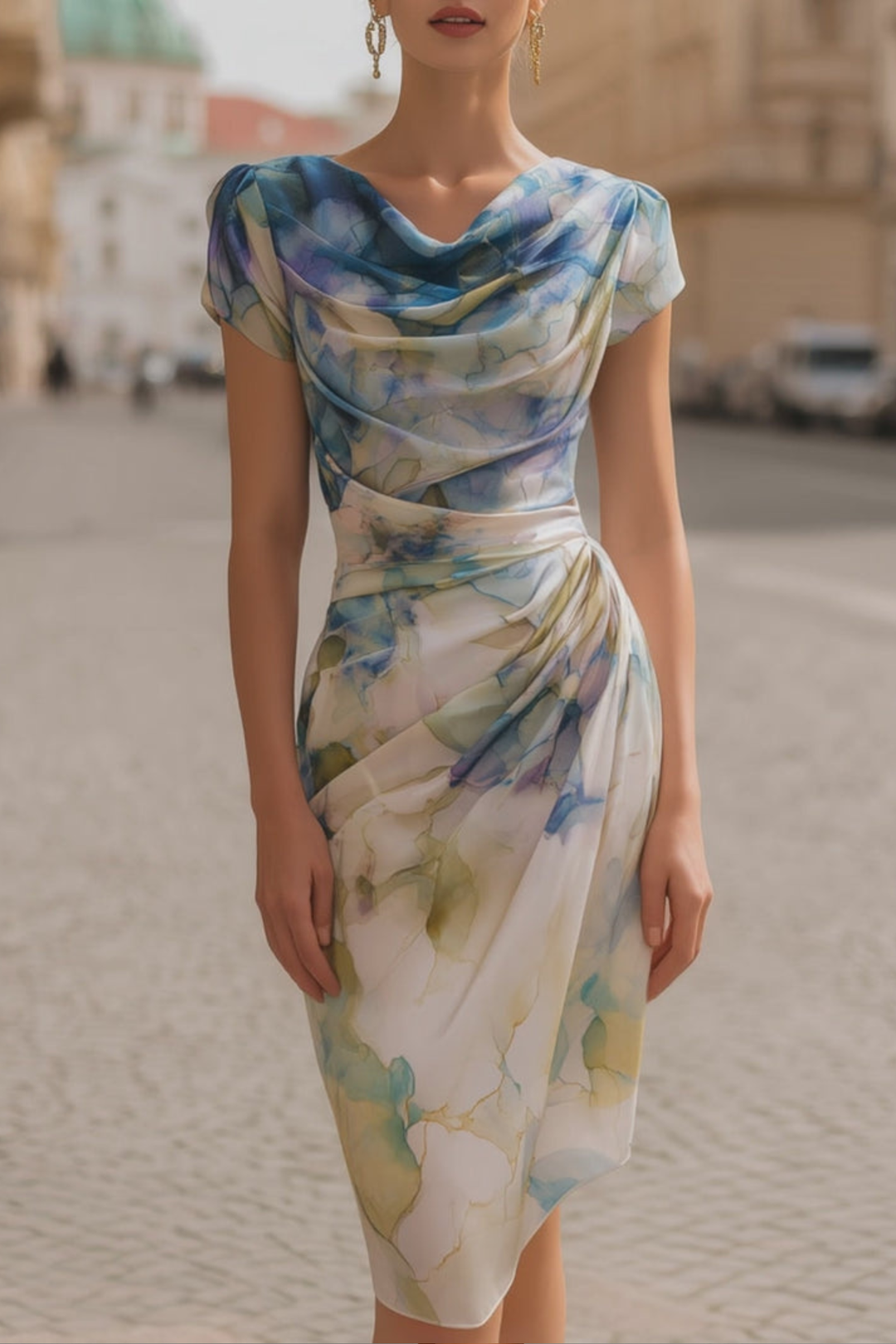 Cowl-Neck Printed Draped Womens Midi Dress, Flowy Fit