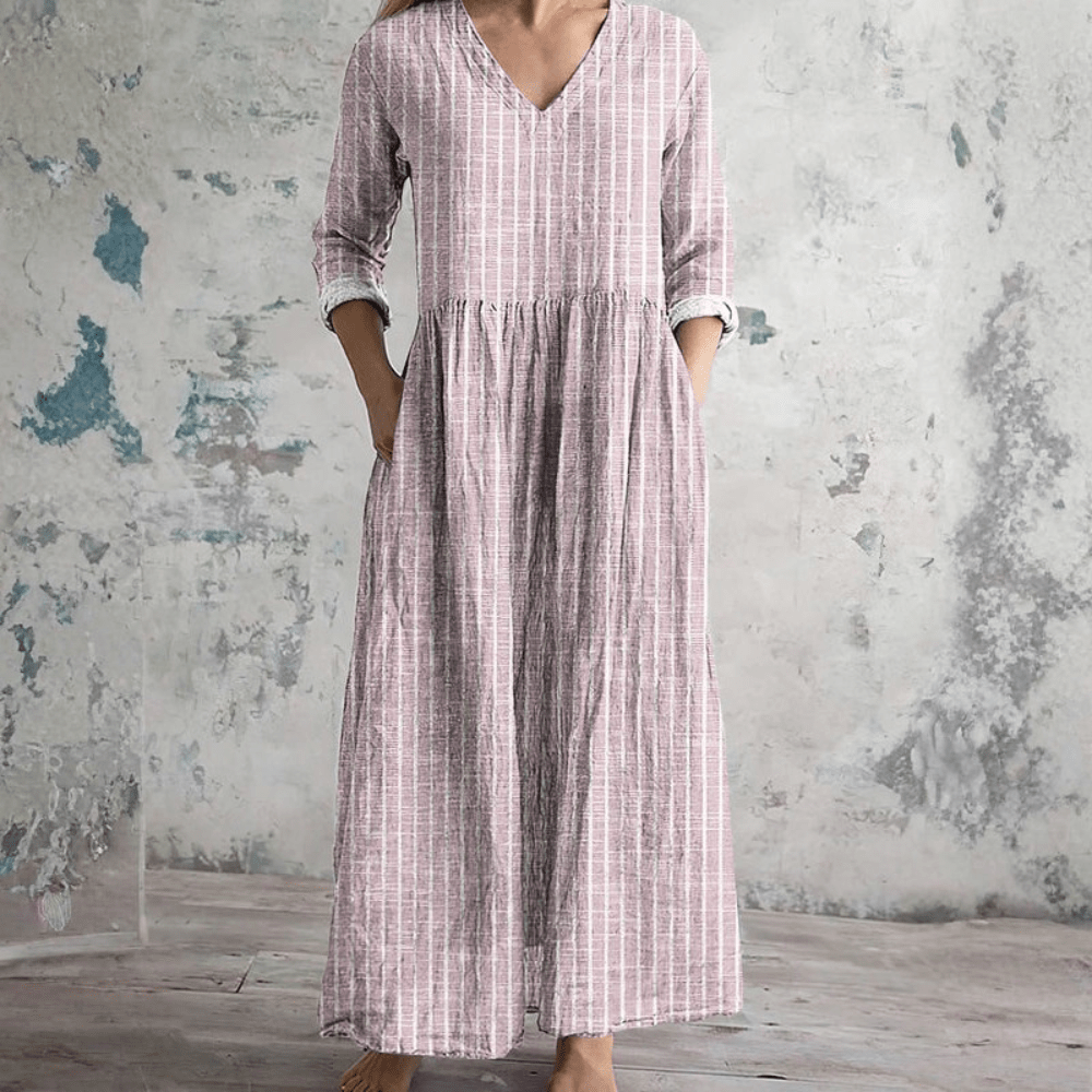Striped V-Neck Womens Midi Dress, Breathable Casual